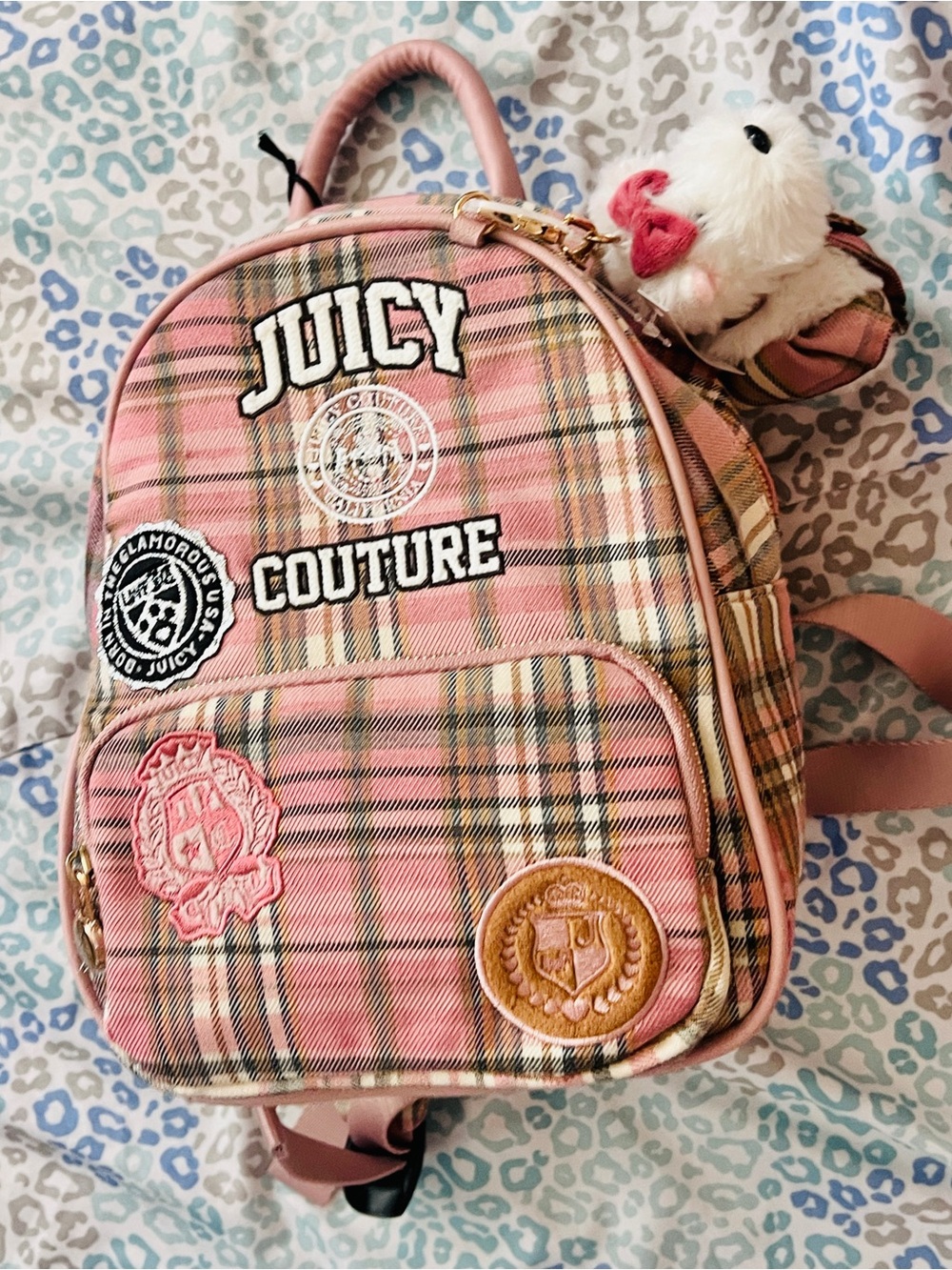 New Pink Plaid Juicy Couture Backpack Purse Bag Dog Charm Patch Work